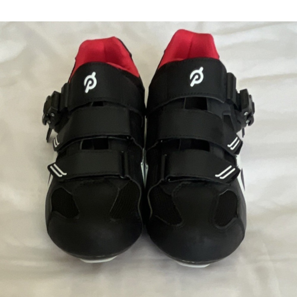 Peloton Cycling Shoes Men's EU 45 Black/Red/White Buckle 3-Bolt Metal Cleat